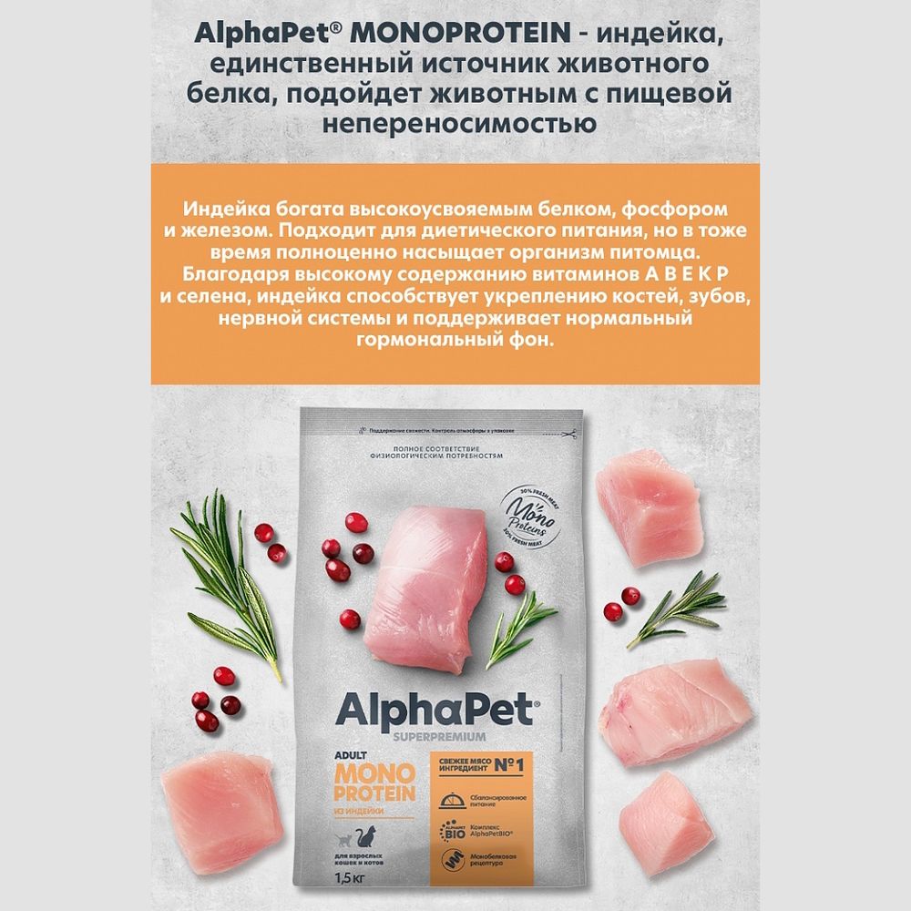 Сухой корм AlphaPet Superpremium Monoprotein для взрослых кошек из индейки