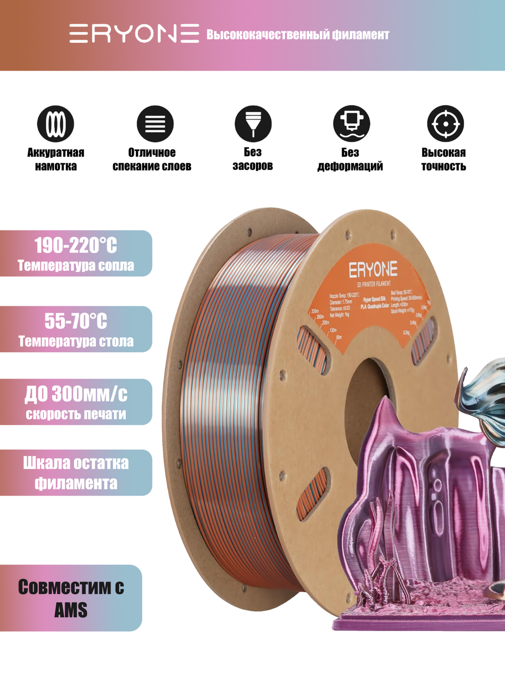 Пластик Eryone HS Quadruple Color Silk PLA Emerald Athene (Silver&Rose Gold&Emerald Green&Wine Red)