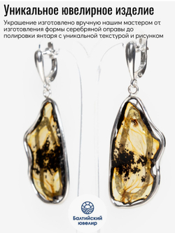 Уникальные серебряные серьги с цельным пейзажным янтарем, серебро 925 пробы