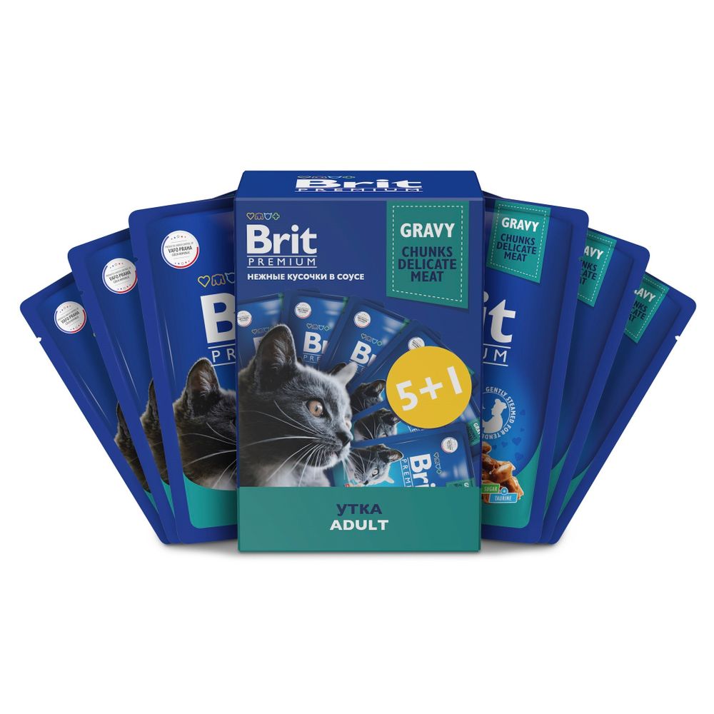 Набор паучей BRIT PREMIUM для взрослых кошек утка в соусе 85г 5+1