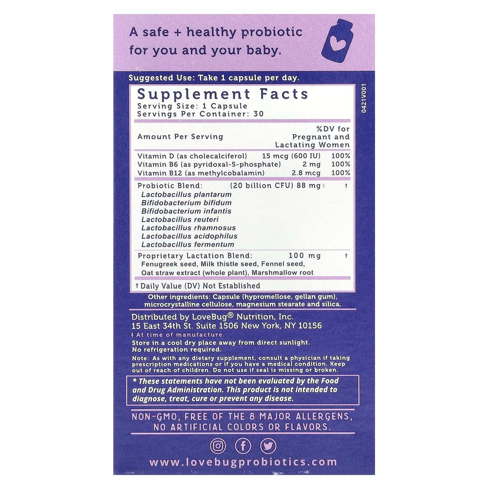 LoveBug Probiotics, пробиотик для послеродового периода, 20 млрд КОЕ, 30 капсул