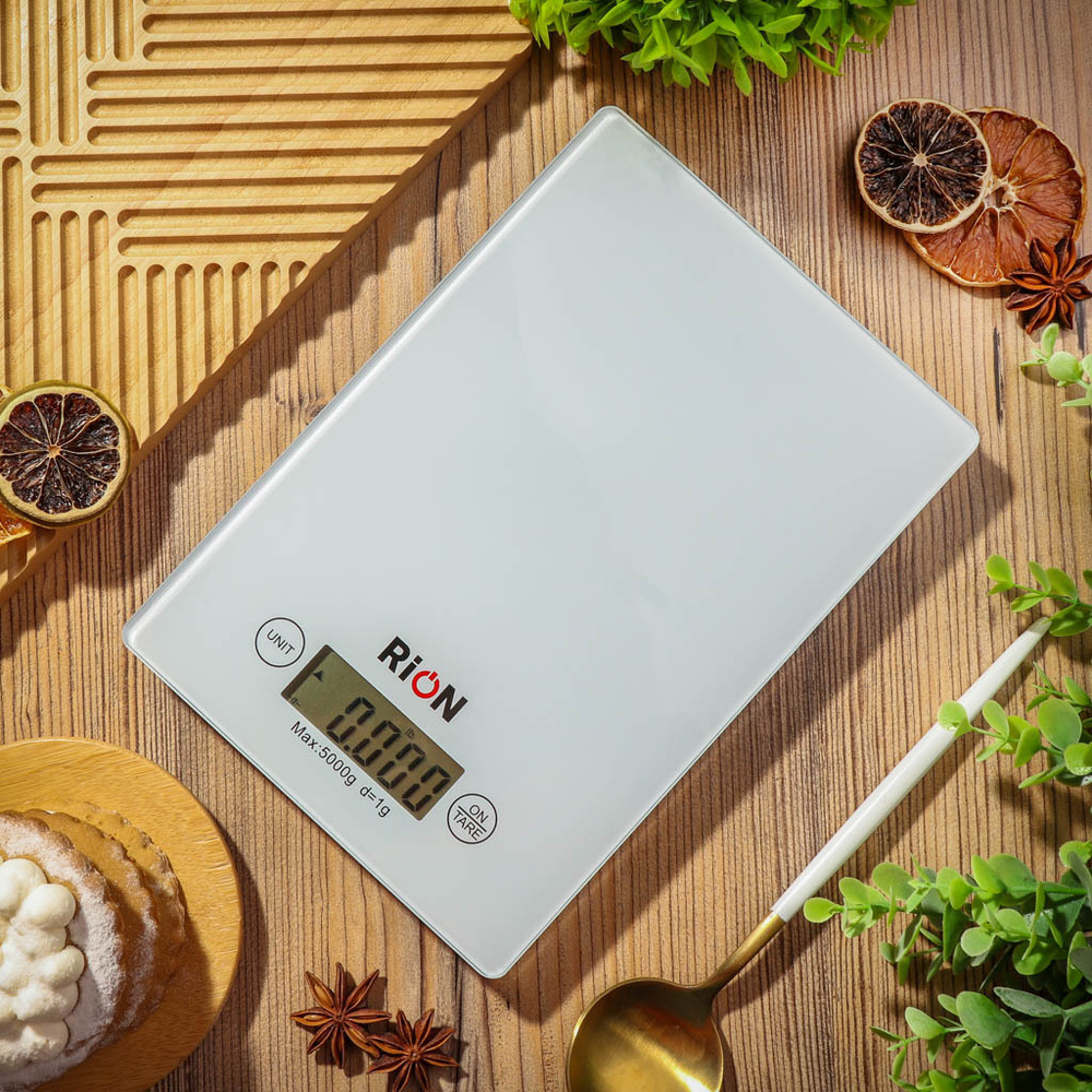 Весы кухонные электронные, стекло закаленное, Rion, платф, точн 1 г, до 5 кг, LCD-дисп, бел, BB-K08