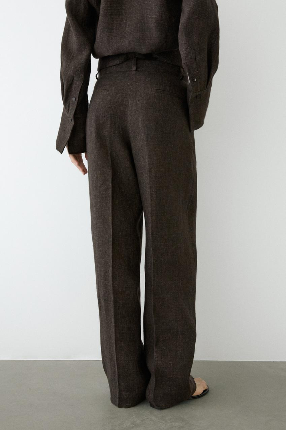 Massimo Dutti Меланжевые льняные брюки с вытачками, серо-коричневый