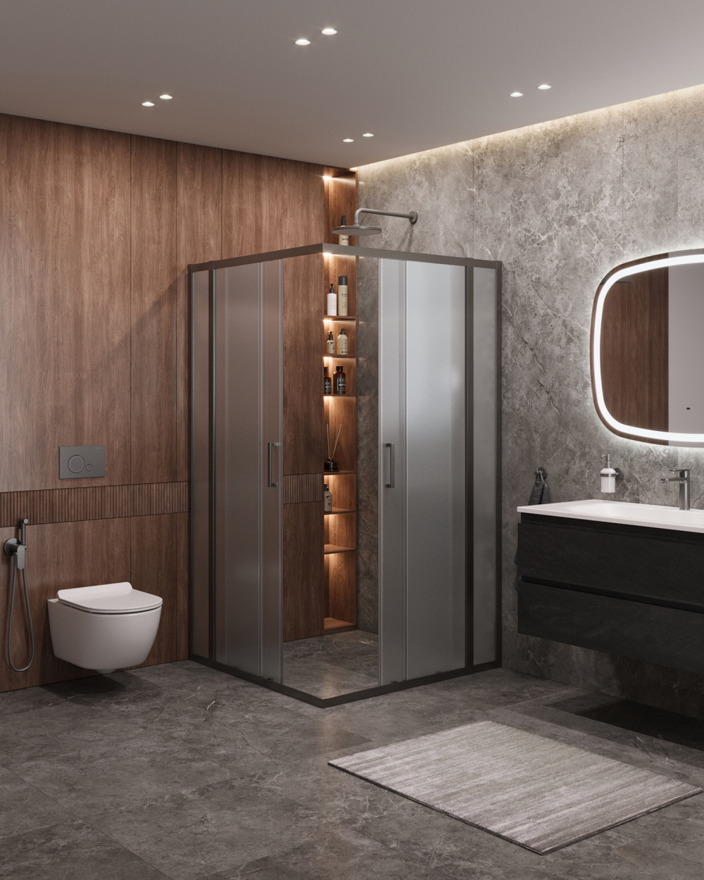 Душевой уголок Cezares MOLVENO-A-22-90+20-P-GM, 110х110х195, профиль оружейная сталь, стекло Punto