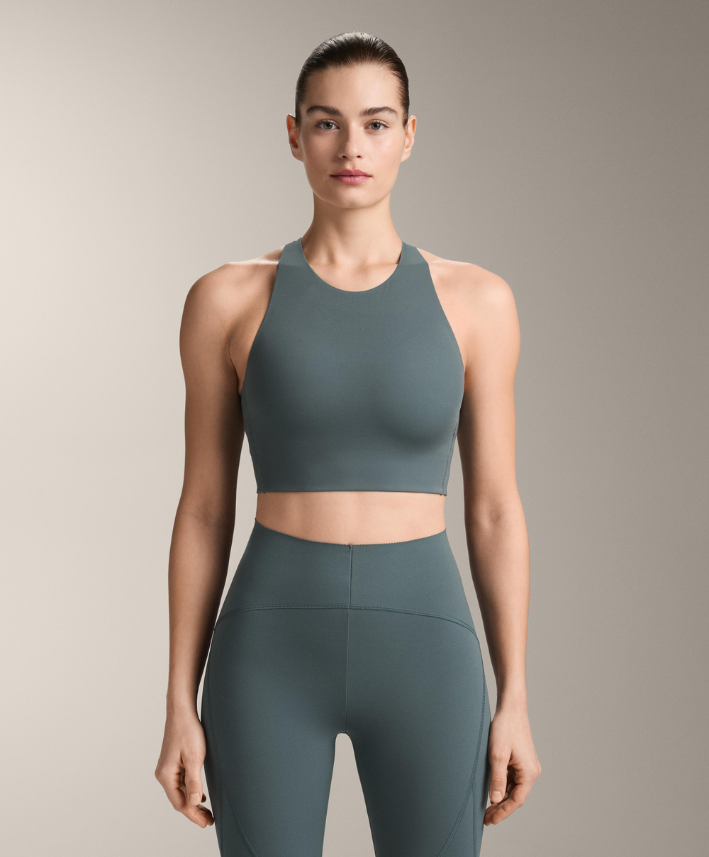 Oysho Топ Light Touch с перекрестной спинкой, серо-зеленый