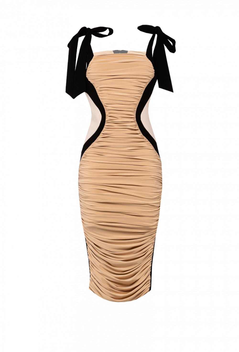 Платье чёрное в сборку с боковыми бежевыми рельефами 02-01-21SS