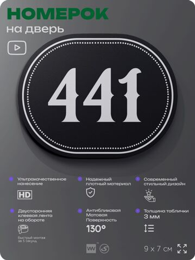 Номерок на дверь квартиры 441, для кабинета, офиса, шильдик 9 х 7 см, черный, Айдентика Технолоджи