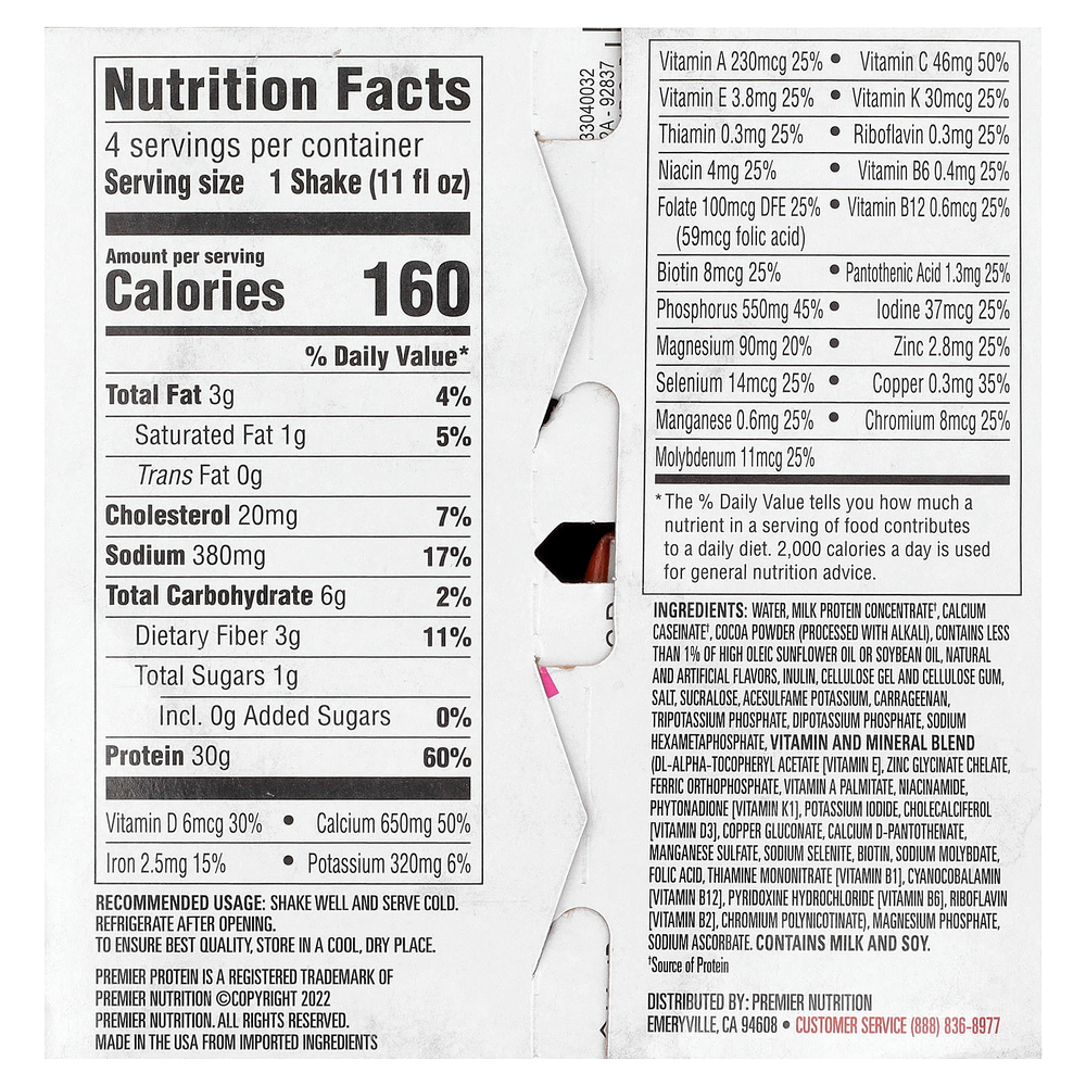 Premier Protein, высокопротеиновый коктейль, шоколад и арахисовая паста, 4 шт. по 325 мл (11 жидк. унций)