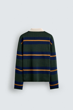 ZARA ТРИКОТАЖНОЕ ПОЛО В ПОЛОСКУ С КОНТРАСТНЫМ ВОРОТНИКОМ, ЗЕЛЕНЫЙ