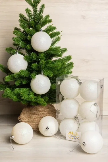 Набор пластиковых шаров Анет 80 мм., белый глиттер, 6 шт., ЕлкиТорг (150342)