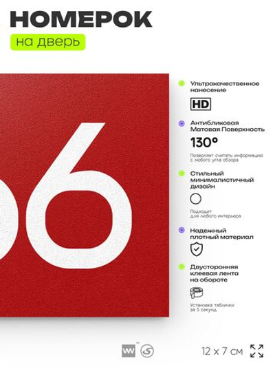 Номер на дверь 466, табличка на дверь для офиса, квартиры, кабинета, аудитории, склада, красная 120х70 мм, Айдентика Технолоджи