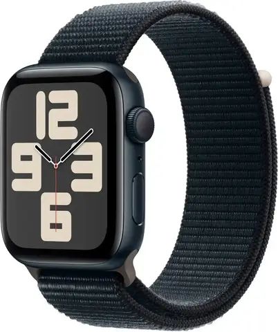 Умные часы Apple Watch Series SE 2023 44 мм из алюминия цвета «тёмная ночь», нейлоновый браслет цвета «тёмная ночь»