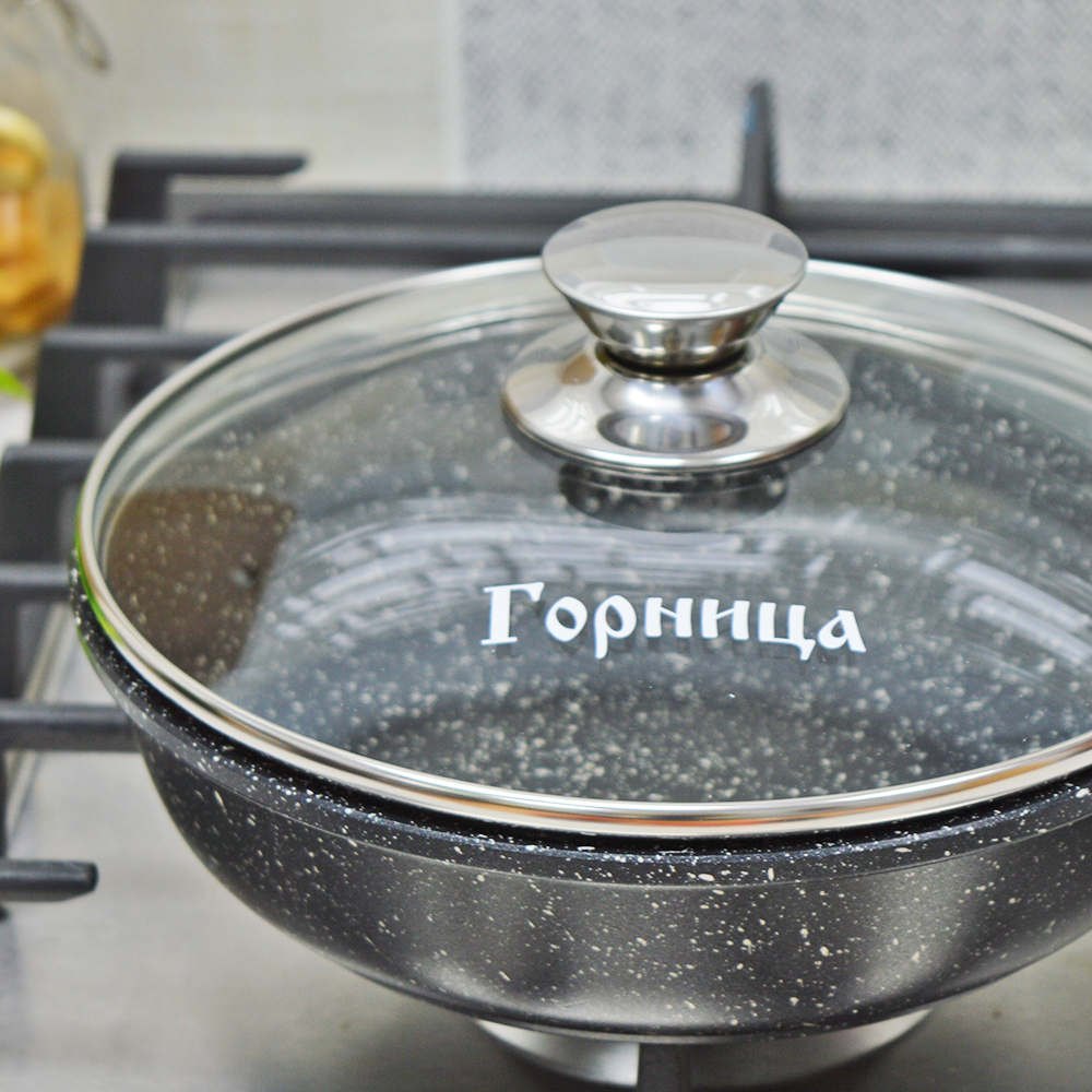 Сковорода 20см высота 5,1см Гранит с несъемной ручкой и стеклянной крышкой, с2052аг