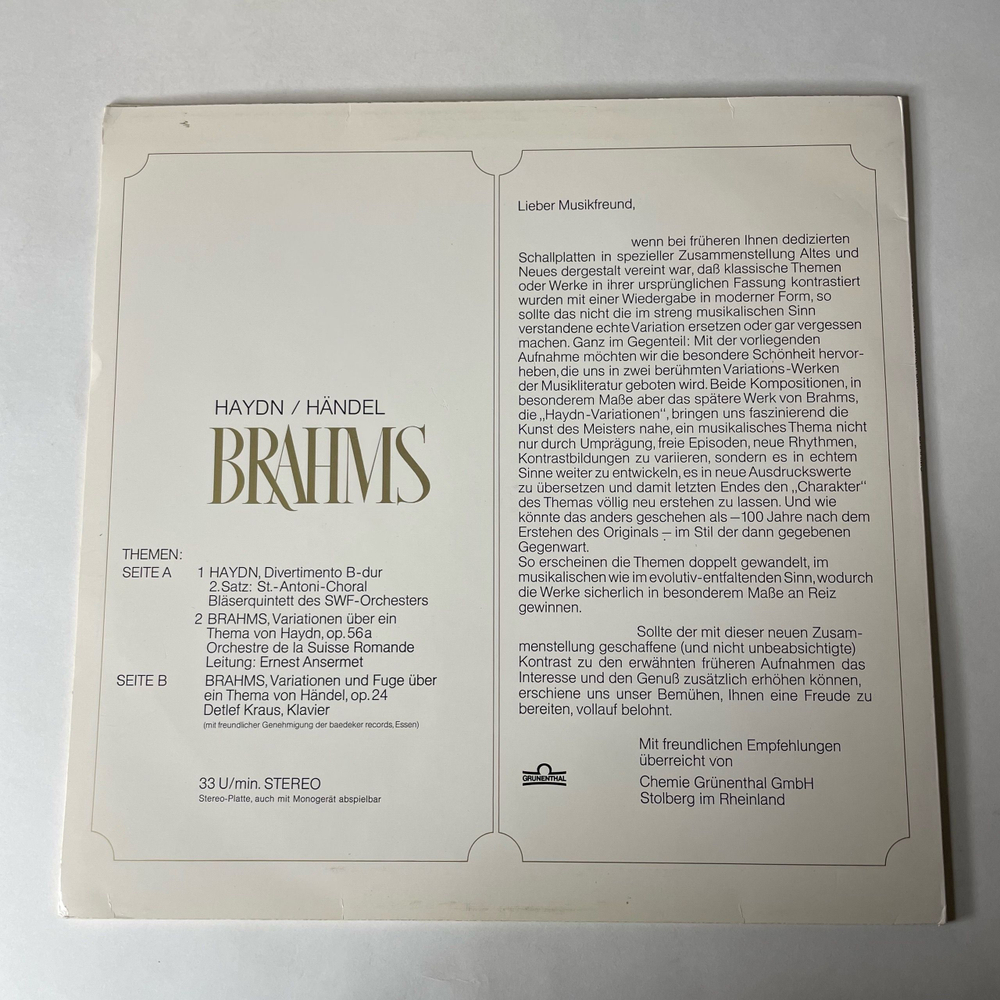 Винтажная виниловая пластинка LP Brahms Брамс, Haydn Гайдн, Handel Гендель, Variationen Von Themen Alter Meister, Im Stil Gewandelt Nach Einem Jahrhundert (Германия 1972)