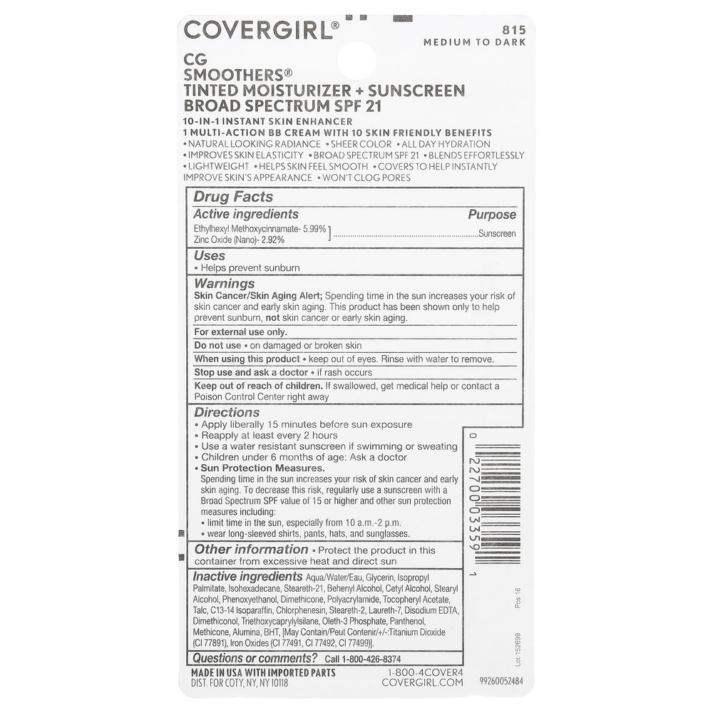 Covergirl, CG Smoothers, BB-крем, SPF 21, оттенок 815 от среднего до темного, 40 мл (1,35 жидк. унции)