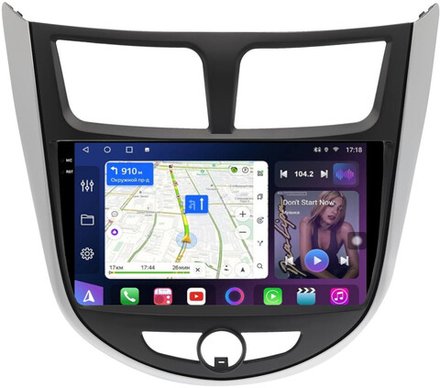 Магнитола для Hyundai Solaris 1 2010-2016 (рамка серебристо-черная тип 3) - FarCar GX9-7011F3 монитор 9.5" 2K QLED на Android 14, TS20, 6+128Гб, CarPlay, 4G SIM-слот