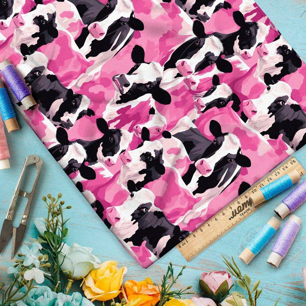 Ткань премиум шелк искусственный Армани коллаж из розовых коров