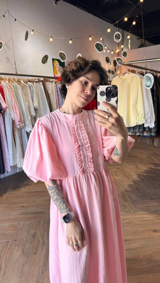 Платье с жабо и рукавами-фонариками, розовый хлопок