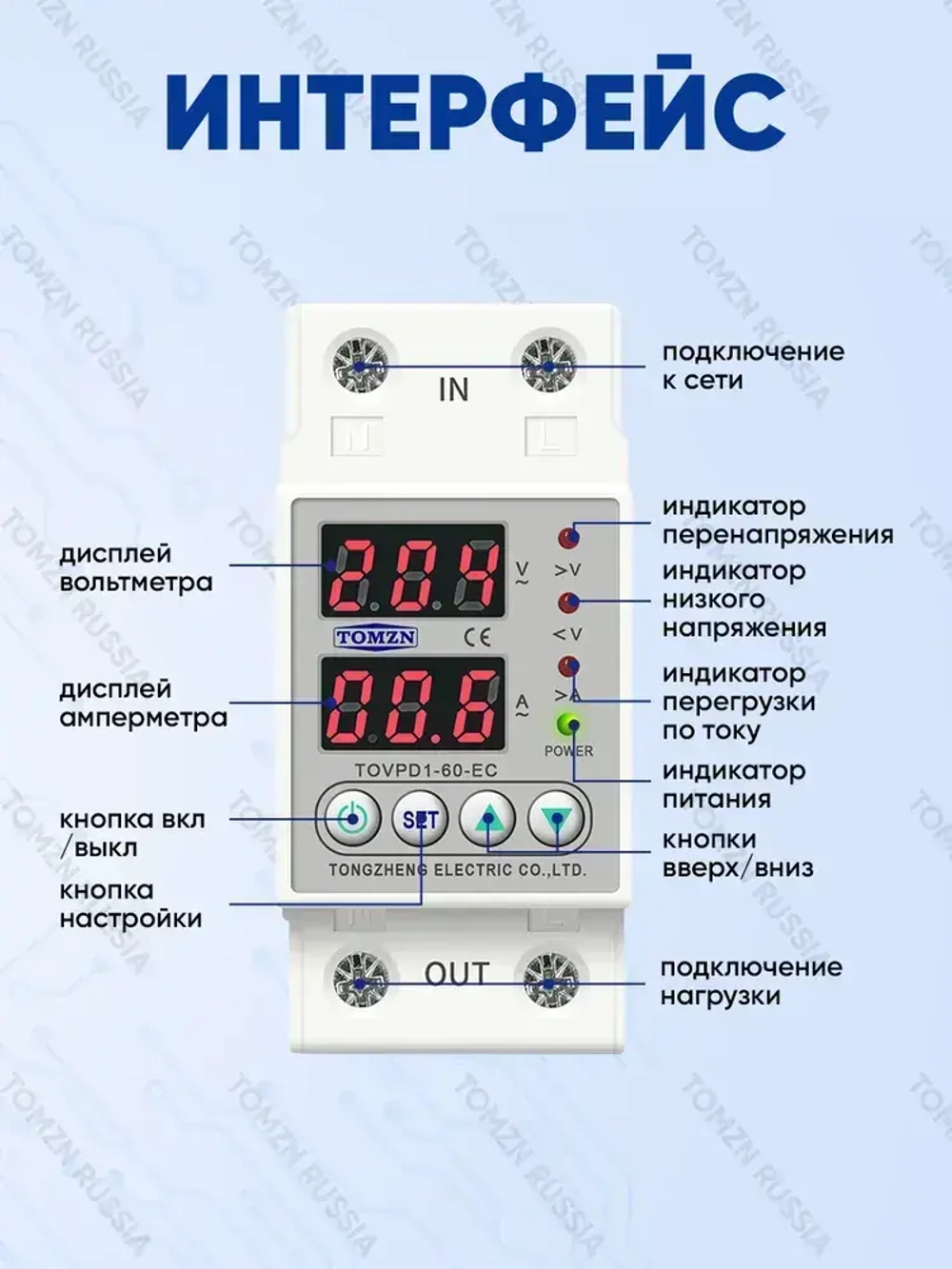 Реле контроля напряжения TOMZN TOVPD1-60-EC с защитой от перегрузки по току и перенапряжения 60 А / Защитное устройство в DIN рейку