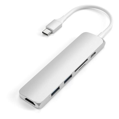 USB-Хаб Satechi Slim Multiport V2 (USB-C) (ST-SCMA2) Подключение: встроенный кабель USB-C. Порты: USB-C (PD 60 Вт), 2 USB-A 3.2 Gen 1, microSD UHS-I, SD UHS-I, HDMI (до 4K 60 Гц)