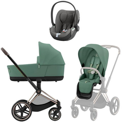 Коляска 3 в 1 Cybex Priam IV Rosegold complete и автокресло Cloud T i-Size Mirage Grey Leaf Green