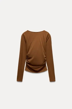 ZARA ТОП ИЗ ПОЛИАМИДА СО СБОРКАМИ, СВЕТЛО-КОРИЧНЕВЫЙ