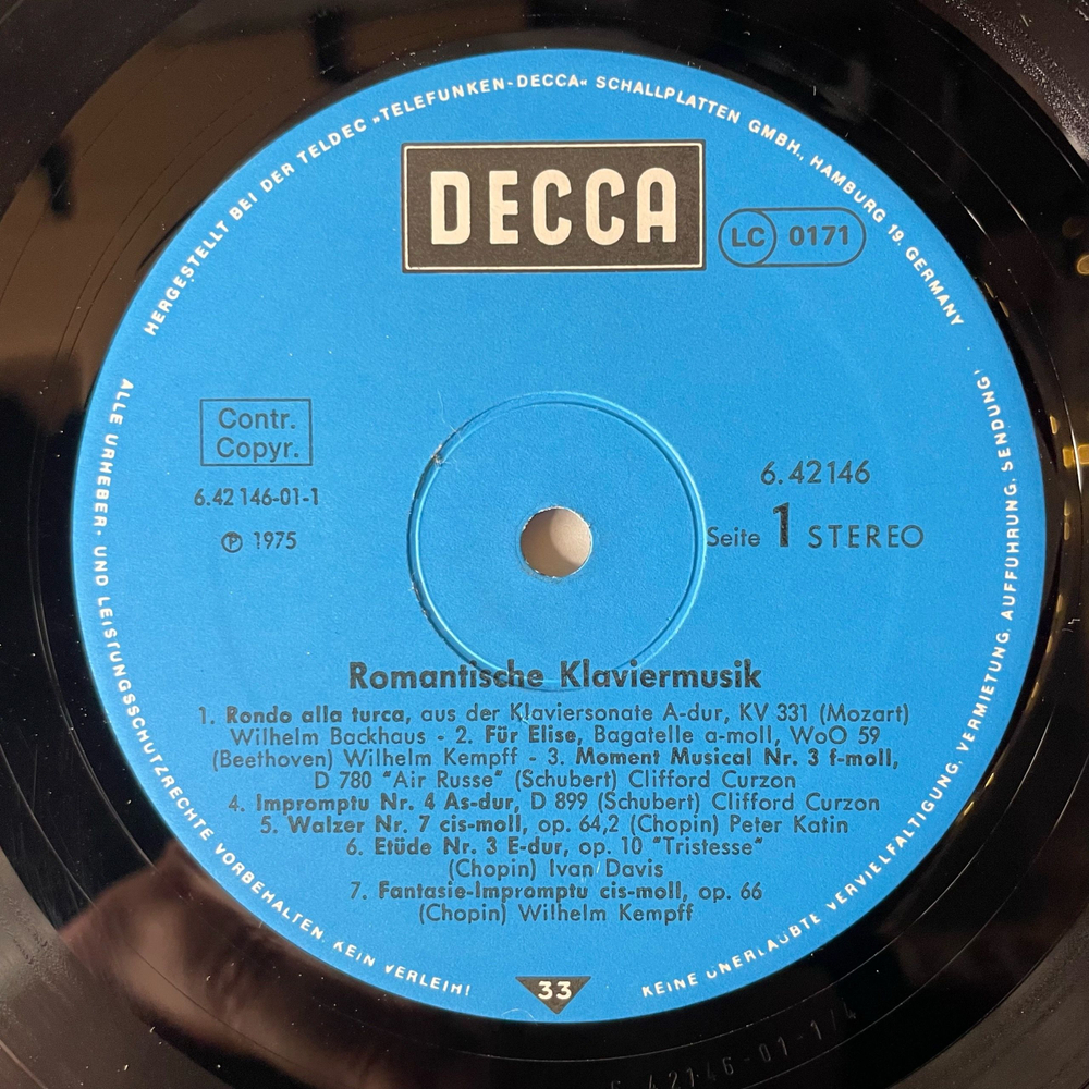 Винтажная виниловая пластинка LP Сборник Классической Музыки Romantische Klaviermusik (Германия 1977)