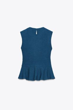 ZARA ТОП ИЗ ТКАНИ БУКЛЕ С БАСКОЙ И ПРЯЖКОЙ, ЯРКО-СИНИЙ