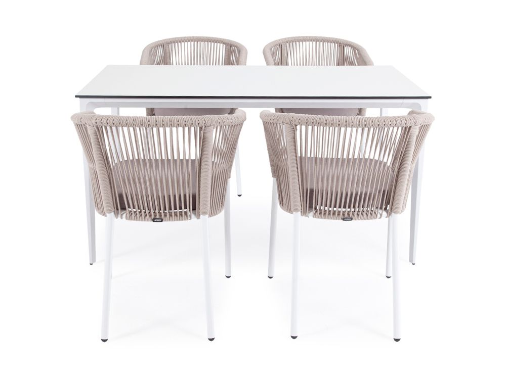 "Малага" обеденная группа на 4 персоны со стульями "Марсель", каркас белый, роуп бежевый