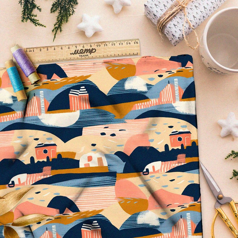 Ткань премиум интерлок городской коллаж