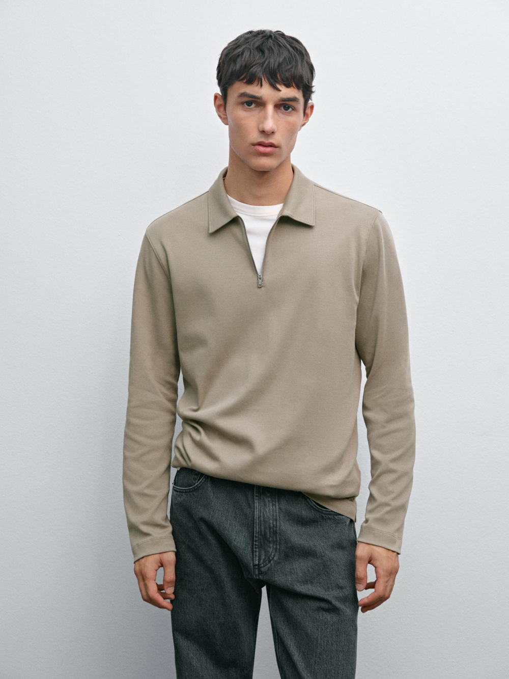 Massimo Dutti Рубашка-поло с длинными рукавами и застежкой-молнией, норка