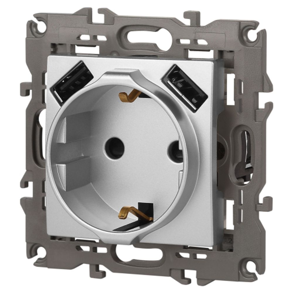 14-4109-03 ЭРА Розетка 2P+E 16A-250В, штор. с 2xUSB 5В-3А, Эра Elegance, алюминий