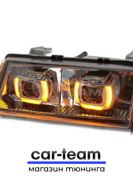 Фары ВАЗ 2110, 2111, 2112 передние с белыми галочками в стиле BMW ver 2.0 c Bi LED модулями, хром маска, тонированные поворотники