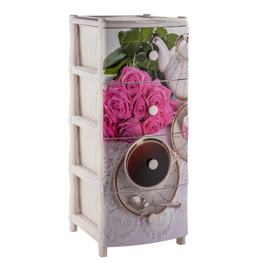 Комод "Элластик" 4 ящика с рисунком на фасаде "Чайная роза", ножки на колесиках