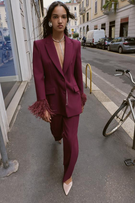 ZARA БРЮКИ ПРЯМОГО КРОЯ С ВЫСОКОЙ ПОСАДКОЙ, БУРГУНДИ