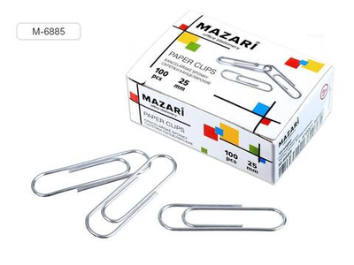 Скрепки канцелярские 25мм. 100шт. никелированные, коробка (Mazari)