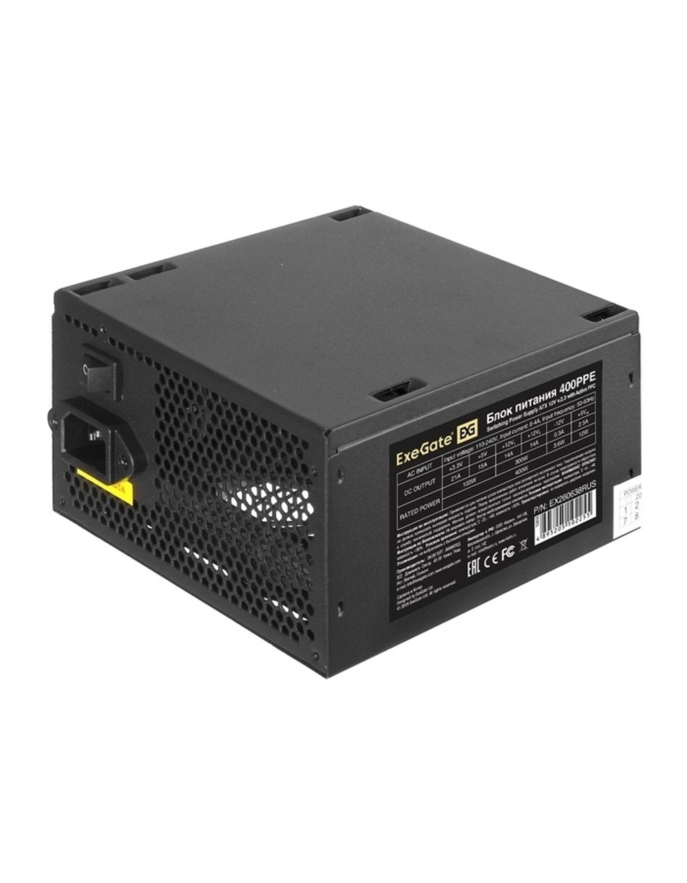 Exegate EX260638RUS-PC Блок питания 400W ExeGate 400PPE (ATX, APFC, PC, КПД 80% (80 PLUS), 12cm fan, 24pin, (4+4)pin, PCIe, 5xSATA, 3xIDE, black, кабель 220V в комплекте)