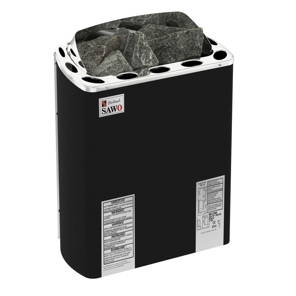 SAWO Электрическая печь Mini X настенная, без блока мощности, 3,6 кВт, нерж. сталь, фибропокрытие, черная, артикул MX-36NS-P-F, выносной пульт (пульт и блок мощности докупаются отдельно)