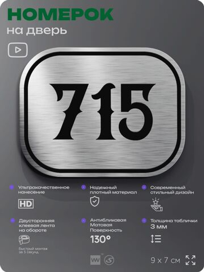 Номерок на дверь квартиры 715, для кабинета, офиса, шильдик 9 х 7 см, серебристый, Айдентика Технолоджи