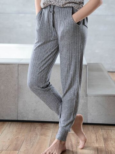 Домашние женские брюки из трикотажа в рубчик (Размер: L) (Цвет: серый)