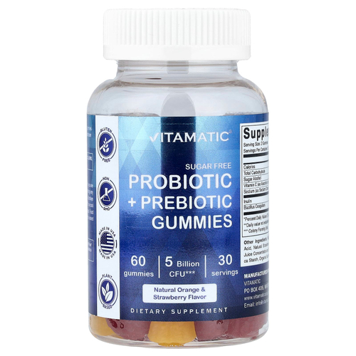 Vitamatic, жевательные таблетки с пробиотиками и пребиотиками, без сахара, натуральный апельсин и клубника, 60 жевательных таблеток (2,5 млрд КОЕ в 1 таблетке)