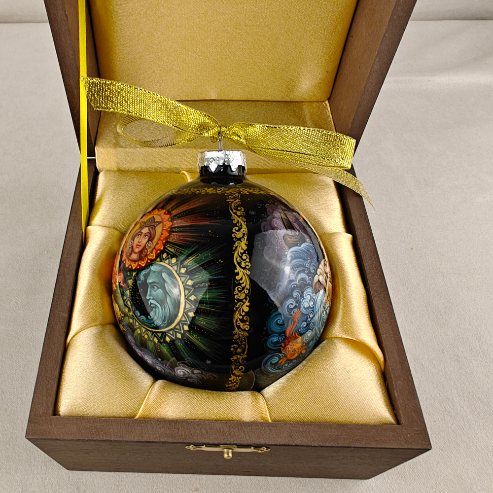Шар новогодний с круговой росписью Палех "Конек-горбунок" в футляре