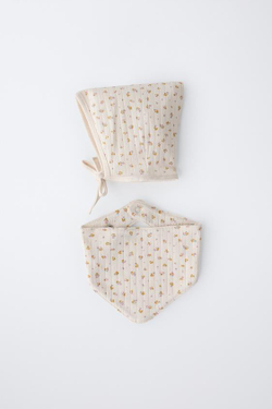 ZARA НАБОР ЧЕПЧИК И БАНДАНА ЦВЕТЫ, ЭКРЮ