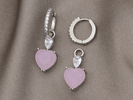 Серьги-кольца с подвесом "Сердце" 31мм, с розовым кристаллом