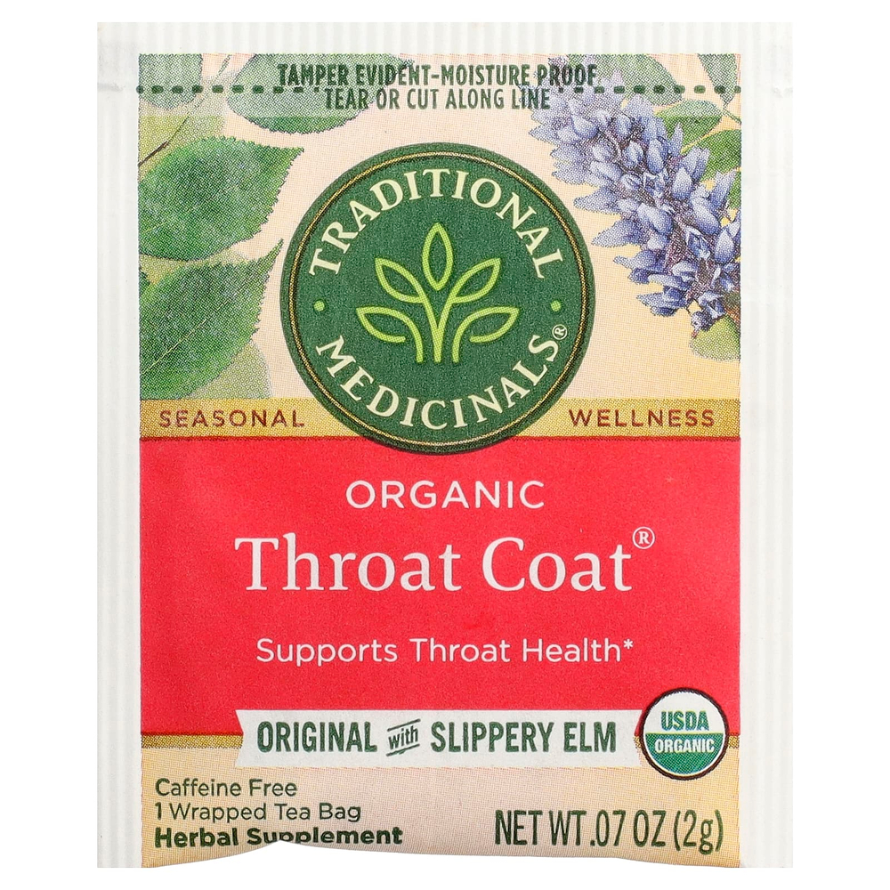 Traditional Medicinals, Organic ThroatCoat®, оригинальный продукт со скользким вязом, без кофеина, 16 запеченных чайных пакетиков, 32 г (1,13 унции)