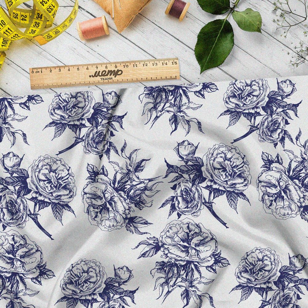 Ткань бифлекс синие контуры цветов