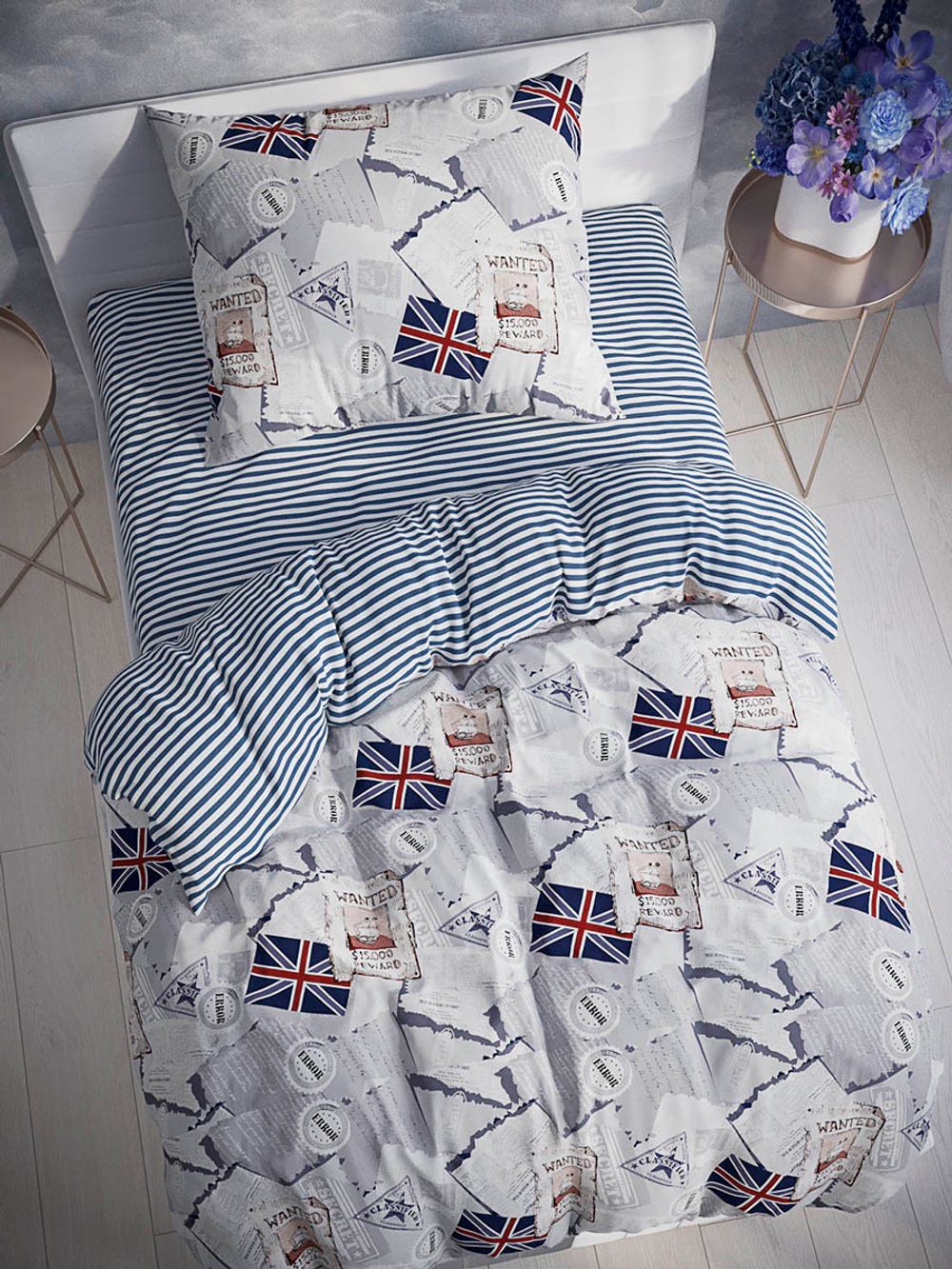 Постельное белье Сказка "WANTED/WANTED (компаньон)" 1,5-сп Наволочка 70х70 см 1 шт Простынь на резинке 90х200 см Пододеяльник 145х215 см, поплин