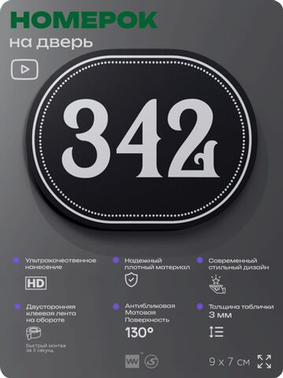 Номерок на дверь квартиры 342, для кабинета, офиса, шильдик 9 х 7 см, черный, Айдентика Технолоджи