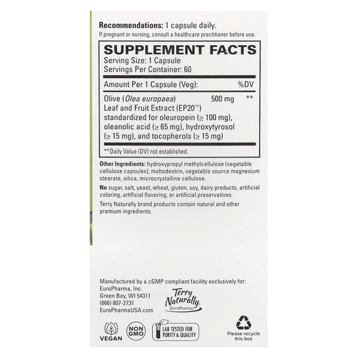 Terry Naturally, Экстракт оливы полного спектра EP20 ™, 60 капсул