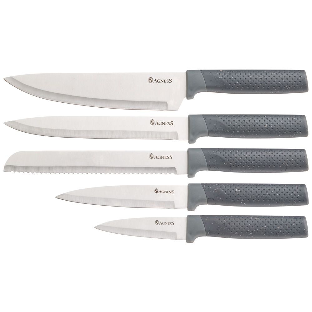 НАБОР AGNESS ИЗ 9ПР: 5 НОЖЕЙ, ПОЛОВНИК, ЛОПАТКА И ШУМОВКА, ВРАЩАЮЩАЯСЯ ПОДСТАВКА, ЦВЕТ: СЕРЫЙ